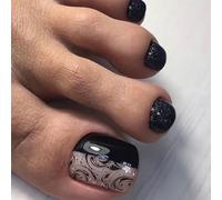 24 Pezzi Unghie Finte Piedi Corte Quadrate Francesi Press on Nails per Piedi in 12 Taglie Naturali Copertura Completa Fake Nails Tips Piedi per Decorazioni Unghie da Donna Manicure (Nero Glitter)