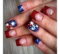 24 pezzi unghie finte quadrate con brillantini a stella, premere sulle unghie, bastone corto, per il giorno dell'indipendenza e l'evento di vacanza