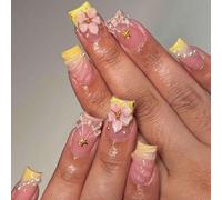 24 pezzi Unghie finte quadrate corte 3D per manicure francese, include 1 pezzo di adesivo per colla per unghie e 1 lima per unghie, adesivi per unghie acriliche alla francese ABS,Gelatina,Carborundo