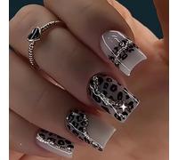 24 Pezzi Unghie Finte Quadrate French Tip Press on Nails Grigio chiaro Leopardo Francese Unghie Finte Riutilizzabili Adesive Copertura Completa Acryl Fake Nails per Ragazze Donna Manicure Fai da Te