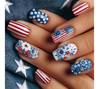 24 Pezzi Unghie Finte Quadrate Per Il 4 Luglio Stampa Su Unghie Manicure Decori Incollare Con Design Fiore Accessori Per Unghie Alla Moda