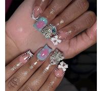 24 pezzi unghie lucide da spalmare con strass in pizzo francese per unghie finte 3D, coperture complete da incollare per donne e ragazze