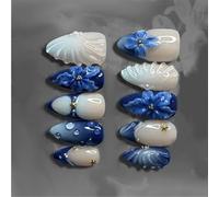 24 pezzi vintage blu gigli bolla striscia perle premere su unghie materiali ABS Comfort Fit per feste false strisce Instagrams
