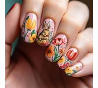24 Pieces False Nails Short Square Styles Press Ons With Unique Spring Floral Designs Stick On Nails Manicure Decors Easy To Apply Nail