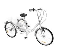 24 pollici triciclo per adulti, 6 marce, con cestino per la spesa, cuscino per bicicletta, schienale triciclo, 3 ruote, per adulti, City Tricycle, per viaggi, attività all'aria aperta, colore argento