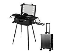 24 Pollici Trolley Valigetta Cosmetica, Professionale Alluminio Valigia Porta Trucchi con 8 Luci a LED, Specchio Temprato, 4 Ruote Universali, Tavolo Da Trucco con Ripiano Organizer