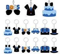 24 portachiavi Boss blu nero Boss Boy Baby Party Favori Boss Acrilico Portachiavi Baby Shower Party Regali Accessori per Baby Boy 1 ° Compleanno Baby Shower Genere Rivela Bomboniere