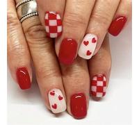 24 Premere Unghie Glossy False Con Plaids Heart Acrilic Short Shot On On