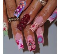 24 Premere Unghie Quadrate False Chiodi Coperture Complete Acriliche Con Motivi Floreali Basta
