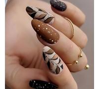 24 Pz Autunno Stick Su Unghie Foglie di Caffè Coperture Piene Falso Lungo Mandorla Press On Manicure Forniture Per Il