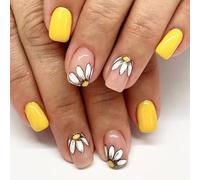 24 Pz Breve Pressa Quadrata Su Unghie Gialle Finte Unghie Finte Gialle Con Motivi Floreali Chiodi Artificiali Lucidi Per Le Donne