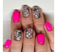 24 Pz Breve Stampa Quadrato Su Unghie Fiori Finte Unghie Acriliche Lucide Copertine Intere Incollare Su Unghie Per Donna