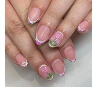 24 pz Francese Su Unghie Lucido Falso Breve Ovale Stampa Su Dolci Fiori Acrilico Artificiale