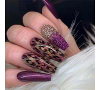 24 pz Glitter Stick On Unghie Gradienti Leopardi Falso Lungo Coffin Press On Artificiale Per Donna