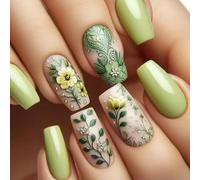 24 pz Mediuim Piazza Stick On Unghie Lucide Coperture Piene Unghie Finte Verde Premere Su Unghie Manicure Forniture Per Donna