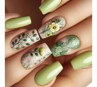 24 Pz Mediuim Square Stick Sulle Unghie Lucide Coperture Complete Finse Nails Stampa Verde Su Chiodi Manicure Forniture Per Donna