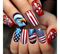 24 pz Mediums Square Press On Nails Stripe Acrilico Unghie Finte Bandiere Artificiali Indipendenza Giorno Stick On