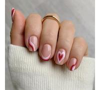 24 pz San Valentino Press On Nails French Tip Unghie Finte Cuore Strisce Acriliche Unghie Breve Stick On Unghie Per Donna