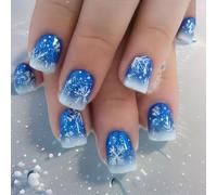 24 pz Stampa Di Natale Sulle Unghie Finte Fiocchi Di Neve Bianchi Copertine Pieno Incollare Su Blu Glitter Fiocco Di Neve Artificiale Codicale Falso