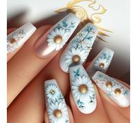 24 pz Stampa Lucida Su Unghie Ballerine Unghie Finte Fiori Bianchi Teste Intere Aderiscono A Lungo Artificiale