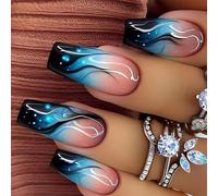 24 Pz Unghie Acriliche Ballerine Pieno Unghie Finte Bastone Lucido Su Unghie Blu Gradiente Fiamme Stampa Su Unghie