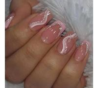 24 Pz Unghie Finte Quadrate Corte Francese Press on Nails Riutilizzabili Copertura Completa Unghie Artificiali Nail Art Decorazioni per Donna Ragazze Manicure Fai da Te (Strisce Bianche Rosa)