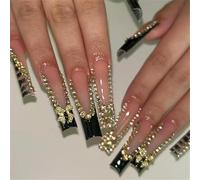 24 Rhinestones False Nails Black French Tip Premere Long Coffin Stick Scintillante Artificiale