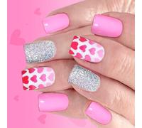 24 romantici glitter cuore punta francese unghie finte unghie artificiali corte per donne feste costruzione in ABS non tossico unghie finte quadrate corte design sine lucido