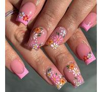 24 Short Square False Nails Sweet Flowers Premere Unghie Punta Francese Acrilico Glossy Copertine Piene Suonatore