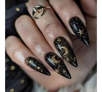 24 Stk Press on Nails Mandorla, Unghie Finte Nere con Design di Luna e Stelle, Unghie Acriliche per Donne, Ragazze, Principianti per Feste, Vita Quotidiana, Manicure Fai da Te
