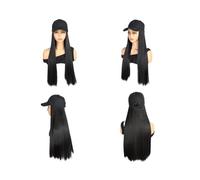 24" Synthetic Hair Extension Attached Baseball Cap Long Straight Wig Black Hat Hairpiece Wig for Women Wiglets (Natural Black)