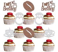 24 topper per cupcake con scritta "Love Is Brewing", decorazione per caffè, addio al nubilato, fidanzamento, festa di nozze, colore marrone argento glitterato