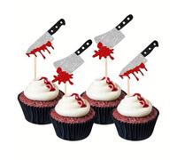 24 topper per cupcake di Halloween, con coltello di sangue glitterato, per feste di Halloween, decorazioni per torte di compleanno a tema horror, stuzzicadenti per dessert