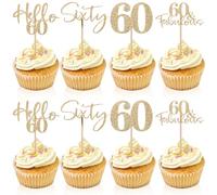 24 topper per cupcake per 60° compleanno, con glitter dorati, per 60° compleanno, decorazione per torte per il 60° anniversario di matrimonio, per celebrare la festa di nozze d'oro