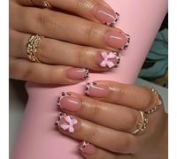 24 unghie a forma di fiore rosa, con punta a pressione, riutilizzabili, in acrilico, copertura completa, ecologiche, con linguette in gelatina e lima per unghie per un'applicazione sicura in 5 minuti