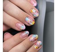 24 unghie a mandorla a pressione di breve lunghezza con punte francesi e disegni floreali Decors per donne e ragazze arte ovale acrilico chiodo