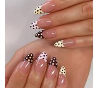 24 unghie a pressione, a forma di mandorla, rosa, giallo, marrone, dolce, pastello, a pois, stile retrò, per nail art