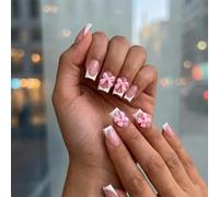 24 unghie a pressione a punta francese con design a fiocco rosa, eleganti unghie finte corte, 12 misure per una vestibilità personalizzata, finitura lucida, forma quadrata bianca, punta francese rosa