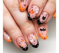 24 unghie a pressione arancione a forma di zucca arancione - forma rotonda a mandorla pallido base rosa nudo pallido nero mezzanotte - motivo misto Halloween design spettrale carino nail art per donne