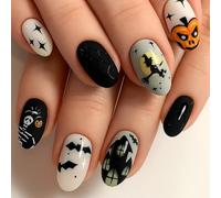 24 unghie a pressione arancione zucca - cappello da strega ovale corto mandorla grigio nebbioso nero - Halloween Haunted House grafica mista nail art tema fumetto spettrale per donne