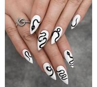 24 unghie a pressione bianche come la neve, stampa a serpente, linea minimale, monocromatiche, a stiletto, per donne, varie occasioni, eventi serali e quotidiani, lucide