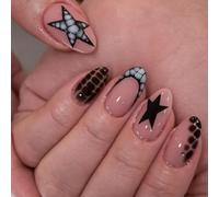 24 unghie a pressione color ambra tartarugata - trasparente nudo rosa con stelle accenti animalier mix Edgy Neutro Chic - Estetica lucida street style per donne varie occasioni