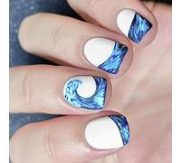24 unghie a pressione con acqua blu bianca stile corto quadrato unghie artificiali coperture complete per donne alla moda elegante nail art