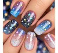 24 unghie a pressione con cielo stellato, glitter sfumati a forma quadrata | Unghie a copertura completa con finitura scintillante, per donne, feste, festival, eventi serali e styling quotidiano