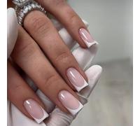 24 unghie a pressione con punta francese, quadrate, in plastica bianca, copertura completa, per donne, facili da attaccare, design francese