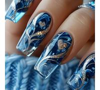 24 unghie a pressione dorate glitterate a forma di cuore blu quadrato su coperture complete accessori per manicure per uso quotidiano arte del cuore