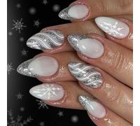 24 Unghie a pressione glitterate per Natale argento Coffer Ice French Tip Design Winter Party Zoccoli artificiali Applicazione rapida ABS Sostanza persistere zoccoli
