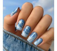 24 unghie a pressione in acrilico blu cielo - punte quadrate con vortice di marmo blu e bianco e design linea oro per eleganti nail art - falso durevole con strumenti accessori