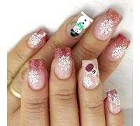 24 unghie a pressione invernali a forma di fiocco di neve, design corto quadrato con punte francesi, unghie finte per feste