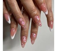 24 unghie a pressione lucide, unghie francesi, unghie finte, fiori, copertura completa, unghie adesive medie, unghie acriliche mandorle